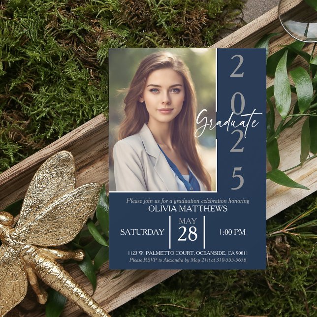 Class of 2025 Navy Blue Custom Photo Graduation  Invitation (Creator Uploaded)