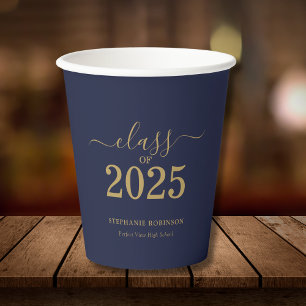 Class of 2025 Navy Blue Gold Graduation Party Paper Cups
