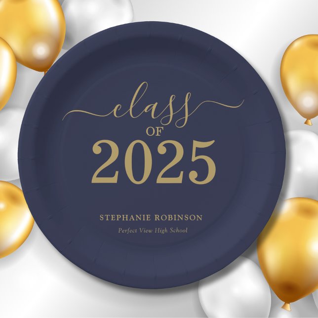 Class of 2025 Navy Blue Gold Graduation Party Paper Plates (Creator Uploaded)