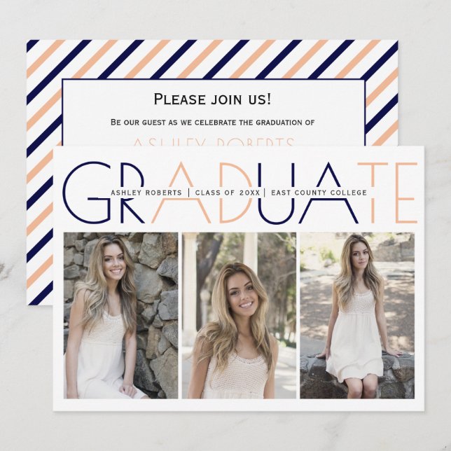 Class of 2025 navy blue, peach graduation photo in invitation (Front/Back)