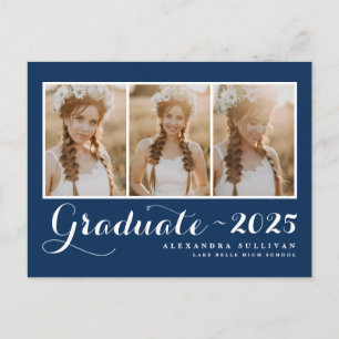 Class of 2025 Navy Blue Photo Collage Graduation Announcement Postcard
