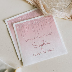 Class of 2025 Pink Glitter Drip Graduation Napkins