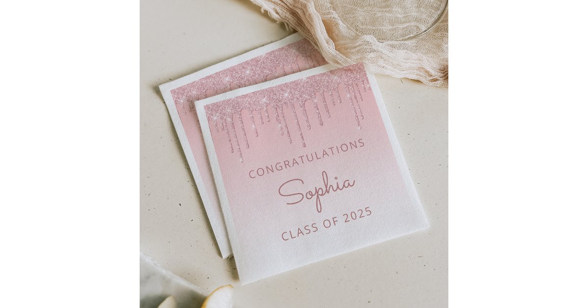 Class of 2025 Pink Glitter Drip Graduation Napkins | Zazzle