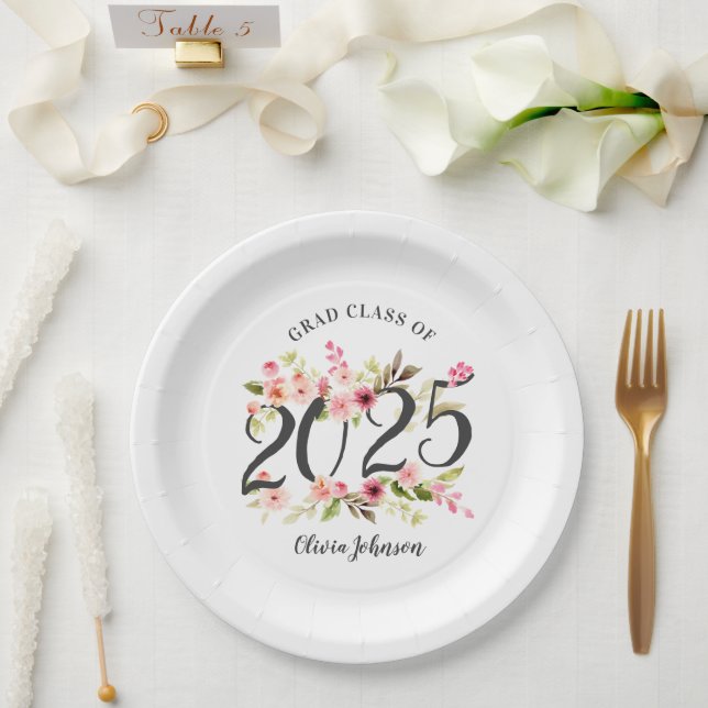 Class of 2025 Pink Watercolor Flowers Graduation Paper Plates (Wedding)