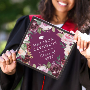 Class of 2025 Plum Purple Love Watercolor Floral Graduation Cap Topper