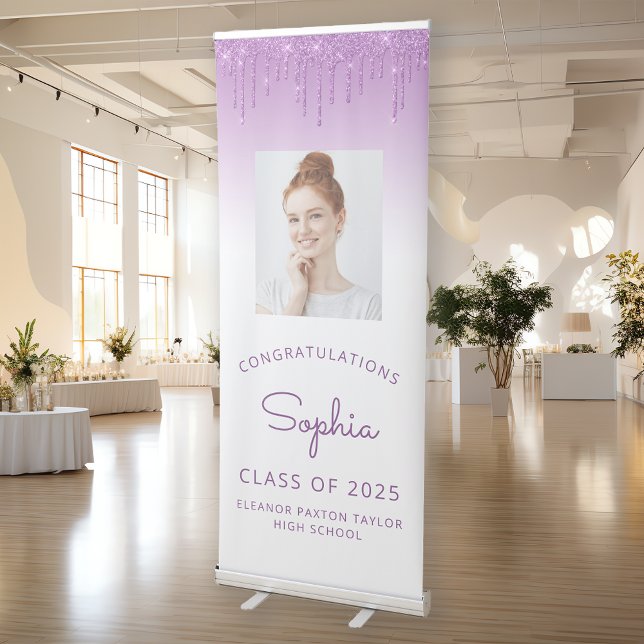 Class of 2025 Purple Glitter Drip Photo Graduation Retractable Banner (Creator Uploaded)