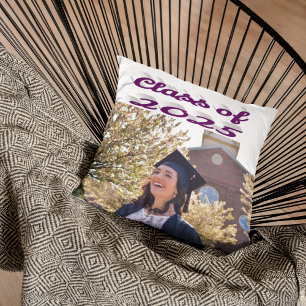 Class of 2025 purple script graduation photo throw pillow