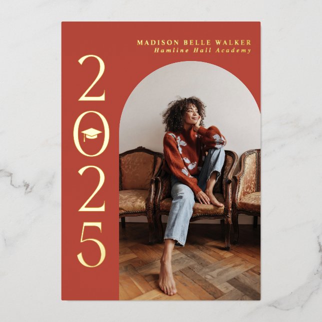 Class of 2025 Red Arch Frame Graduation  Foil Invitation (Front)
