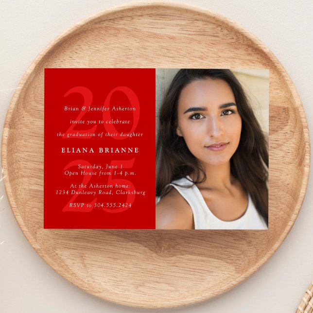 Class of 2025 red classic photo graduation party invitation (Creator Uploaded)