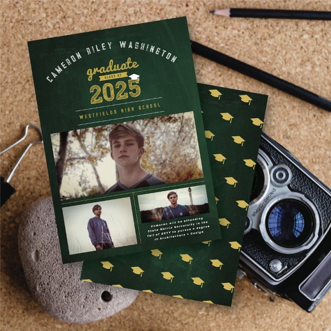Class Of 2025 Retro Chalkboard 3 Photo Graduation Invitation (Class Of 2025 Retro Green Chalkboard, Bold Gold & White Sketch 3 Photo Graduation Announcement Card.)