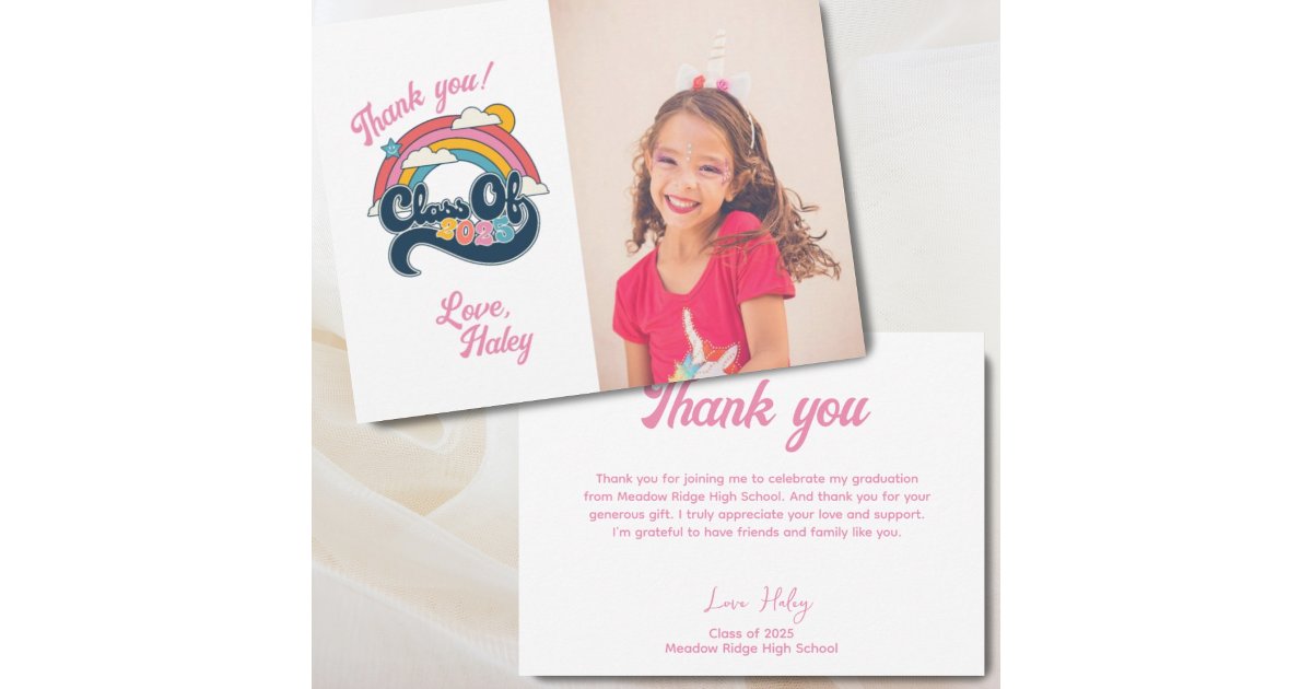 Class of 2025 Retro Rainbow Pink Graduation Thank You Card | Zazzle