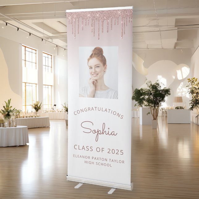 Class of 2025 Rose Gold Glitter Photo Graduation Retractable Banner (Creator Uploaded)