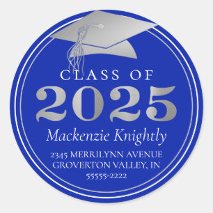 Class of 2025 Royal Blue Silver Return Address Classic Round Sticker
