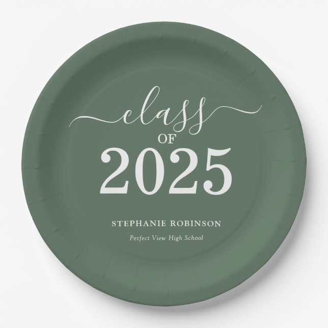 Class of 2025 Sage Green Graduation Party Paper Plates (Front)