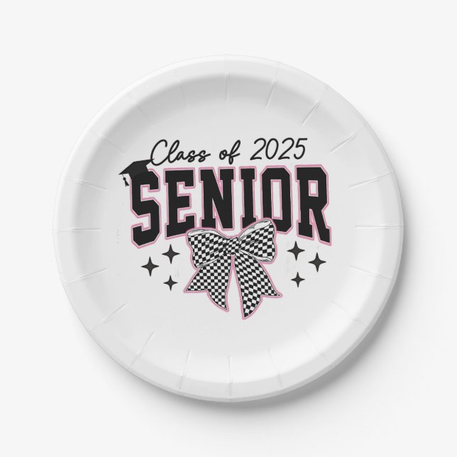 Class of 2025 Senior Bow Coquette Graduation  Paper Plates (Front)