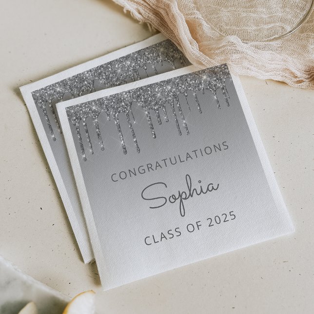 Class of 2025 Silver Glitter Drip Graduation Napkins (Creator Uploaded)
