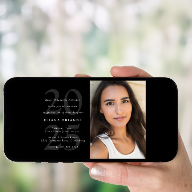 Class of 2025 simple black white photo graduation  invitation (Front Digital)