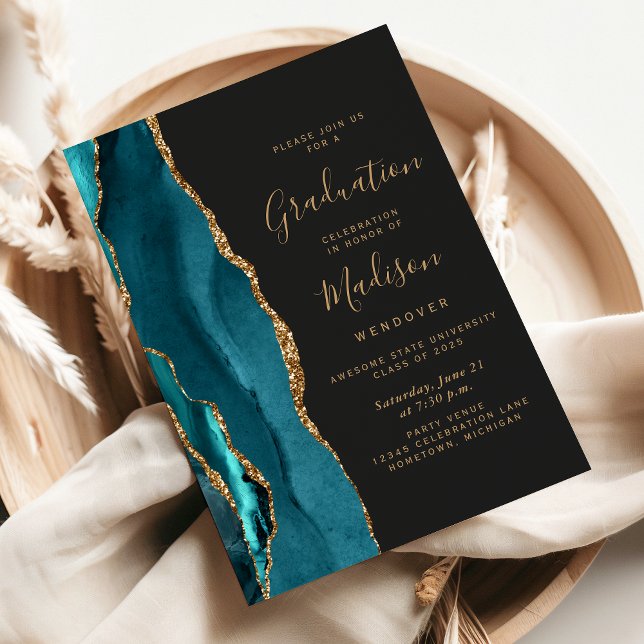 Class of 2025 Teal Gold Agate Dark Graduation Invitation (Creator Uploaded)