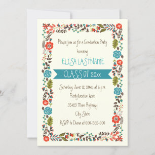 Class of 2025 teal & red floral border graduation invitation