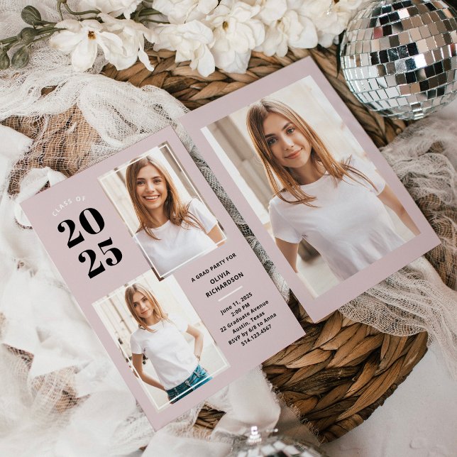 Class of 2025 | Three Photo Blush Pink Grad Party Invitation (Creator Uploaded)