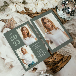 Class of 2025 Three Photo Sage Green Grad Party Invitation