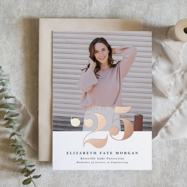 Class of 2025 Typography Photo Graduation Pink Foil Invitation (Personalized Photo Graduation Invitation with Rose Gold Foil Typography – Customizable Foil Colors)