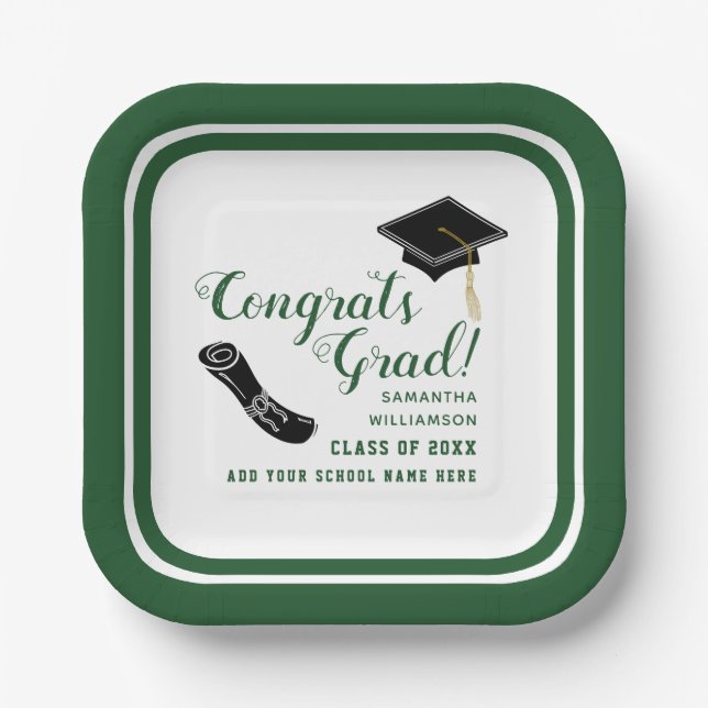 Class of 2025 White and Green Congrats Grad Paper Plates (Front)