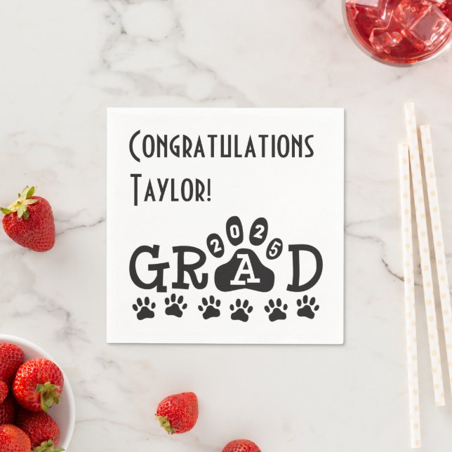 class of 2025 white black grad paw prints napkins (Insitu)