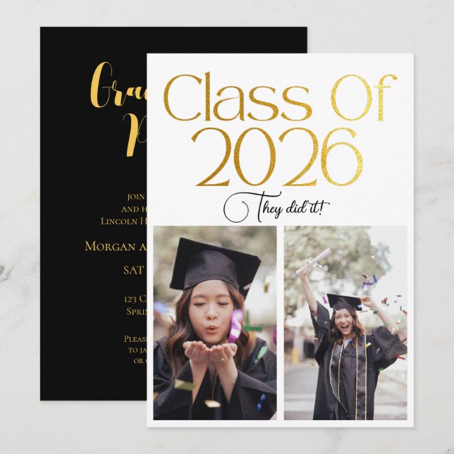 Class of 2026 2 Photo Twins Black Gold Typography Invitation (Front/Back)