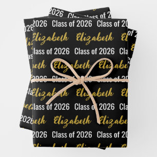 Class of 2026 and Graduate's Name Black White Gold Wrapping Paper Sheets