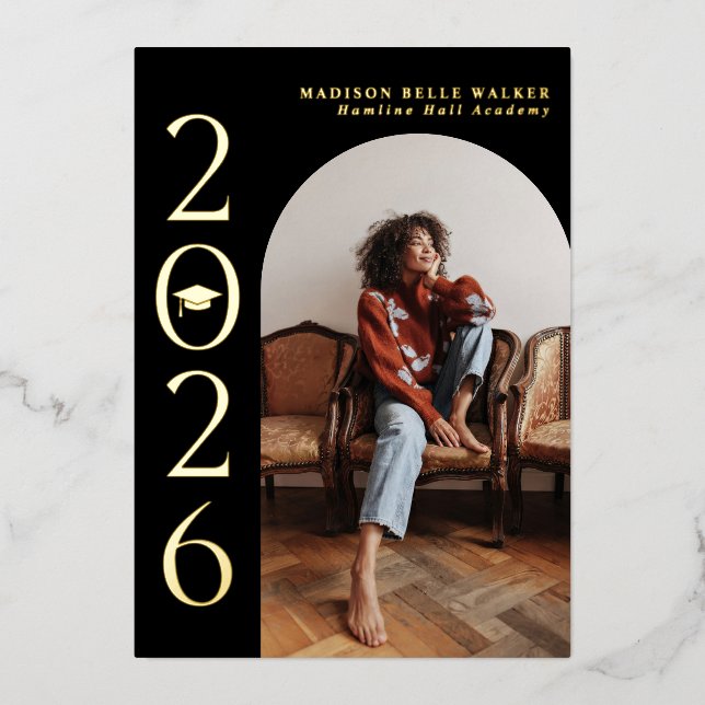 Class of 2026 Black Arch Frame Graduation Foil Invitation (Front)