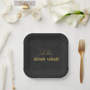 Class of 2026 Black Damask Graduation Party Paper Plates