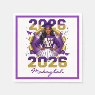 Class of 2026 Black Girl Grad Era Purple & Gold Napkins