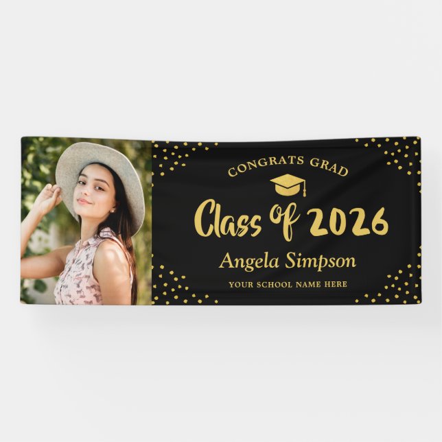 Class of 2026 Black Gold Photo Graduation Party Banner (Horizontal)
