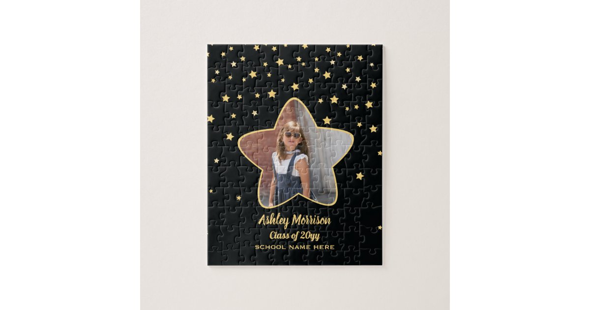 Class of 2026 Black & Gold Stars Photo Graduation Jigsaw Puzzle | Zazzle