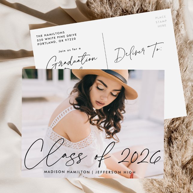 Class of 2026 Black Script Photo Graduation Party Invitation Postcard (Creator Uploaded)