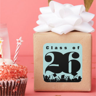 Class of 2026 Black Silhouette Grads Tossing Caps Square Sticker
