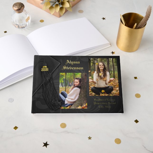 Class of 2026 Black Tassel Dignified Graduation Foil Guest Book (Front Open)