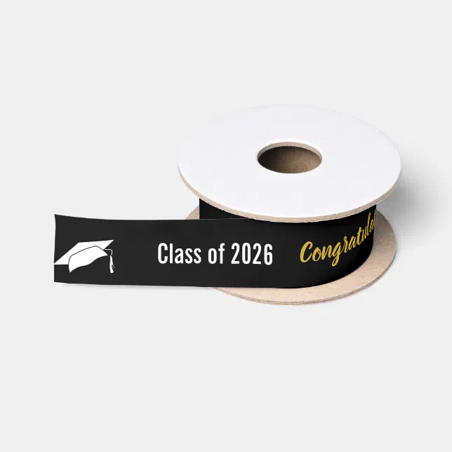 Class of 2026 Black White and Gold Congratulations Satin Ribbon | Zazzle