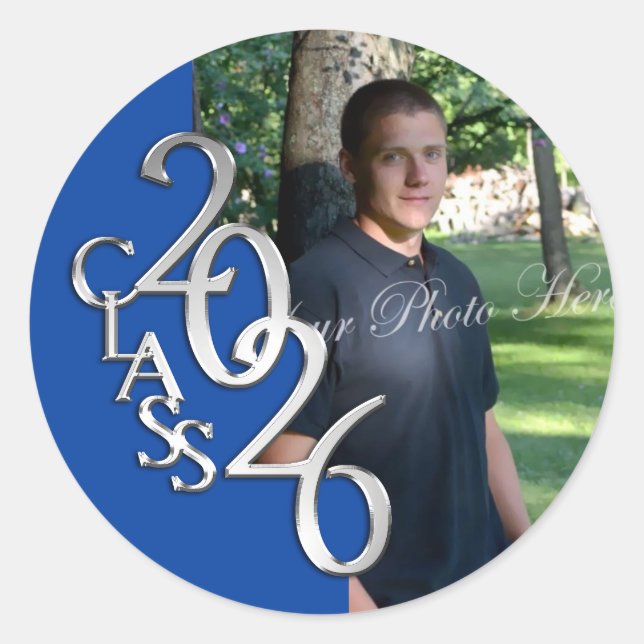 Class of 2026 Blue and Silver Graduation Classic Round Sticker (Front)