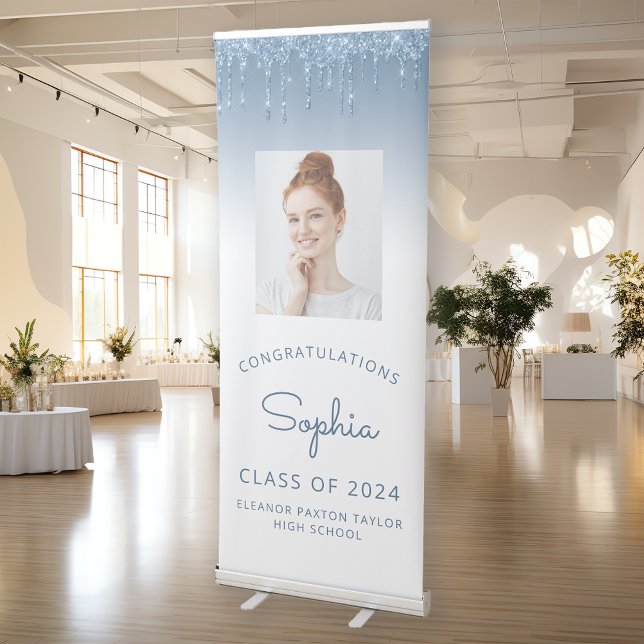Class of 2026 Blue Glitter Drip Photo Graduation Retractable Banner (Creator Uploaded)