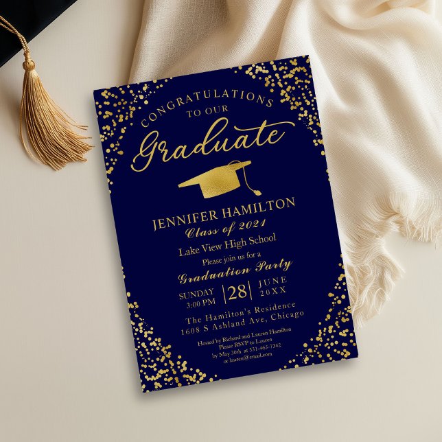 Class of 2026 Blue Gold Confetti Photo Grad Invite (Creator Uploaded)