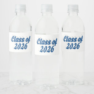 Class of 2026 blue text graduation water bottle label