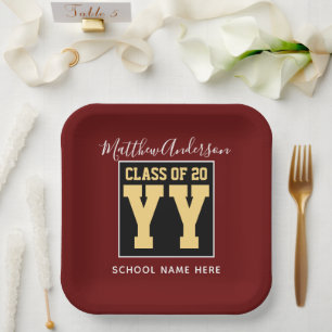 Class of 2026 Burgundy Black and Gold Graduation Paper Plates