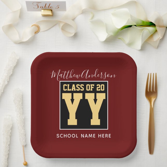 Class of 2026 Burgundy Black and Gold Graduation Paper Plates (Wedding)