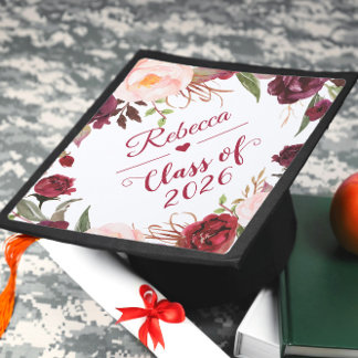 Class of 2026 Burgundy Blush Floral Graduate Graduation Cap Topper