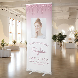 Class of 2026 Burgundy Glitter Photo Graduation Retractable Banner