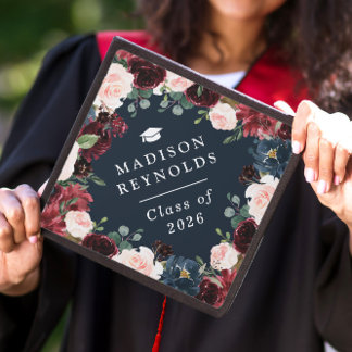Class of 2026 Burgundy Navy Blue Floral Classy Graduation Cap Topper
