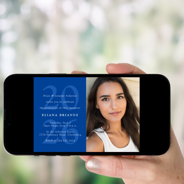 Class of 2026 classic blue graduation party photo invitation (Front Digital)