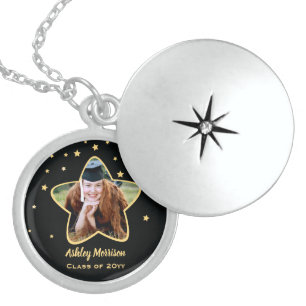 Class of 2026 Elegant Black & Gold Graduate Photo Locket Necklace